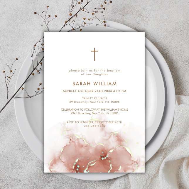 Convite Elegante Boho Terracotta Agate Dourado Baptismo (Elegant Boho Terracotta Agate Gold Cross Baptism Invitation)