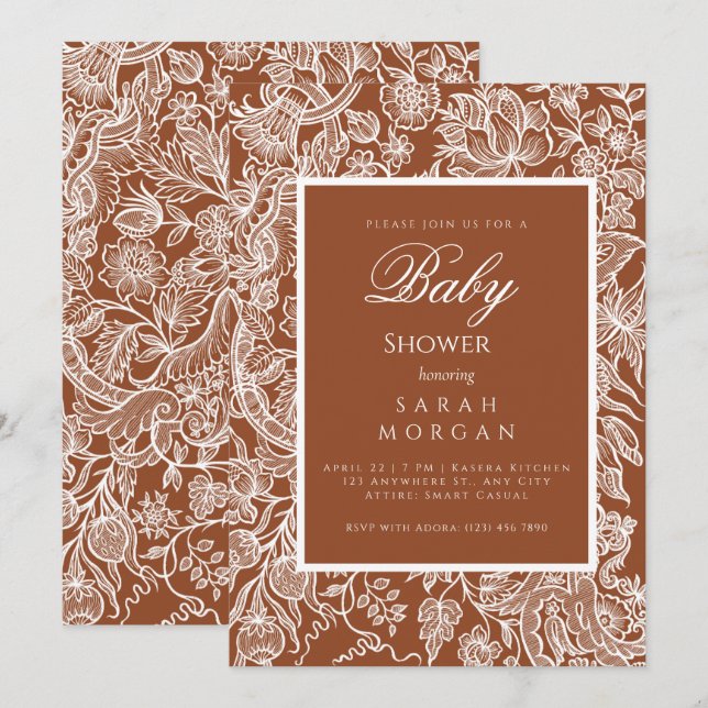 Convite Elegante Boho Terracotta Line Art Wildflower (Frente/Verso)