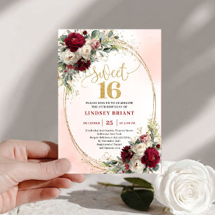 Convite Elegante Boho Vermelho Escuro Dourado Floral Sweet