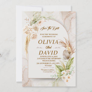Convite Elegante Boho Wedding Beige Floral Salvar Data