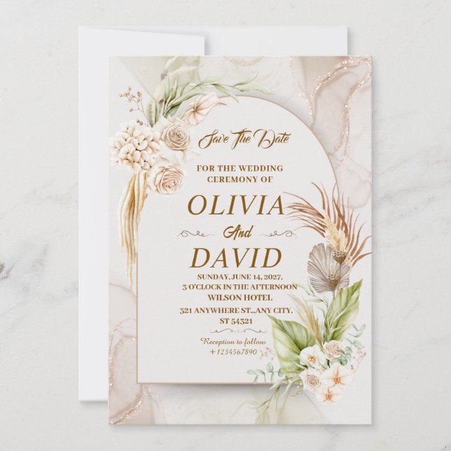 Convite Elegante Boho Wedding Beige Floral Salvar Data (Frente)