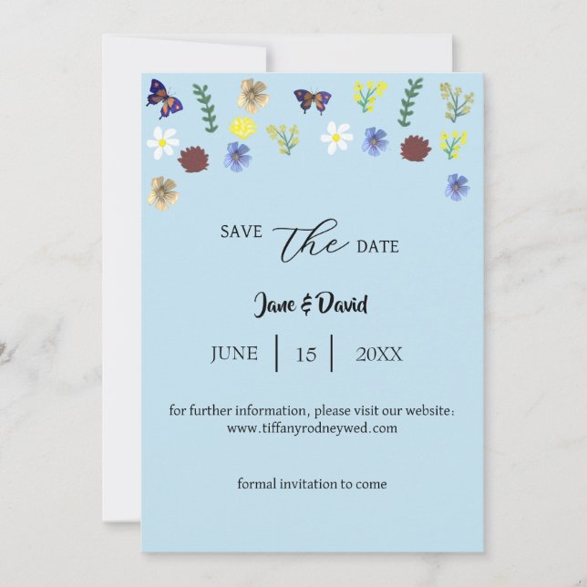 Convite Elegante Boho Wildflower Blue Save-The-Date (Frente)