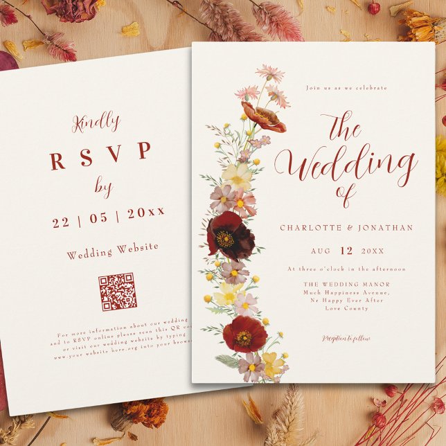 Convite Elegante Boho Wildflower Fall (Elegant boho wildflower fall peach brown burnt orange wedding qr code invitation )