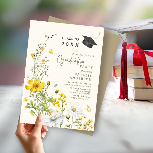 Convite Elegante Boho Wildflower Meadow Festa de formatura (Elegant Boho Wildflower Meadow Graduation Party Invitation)