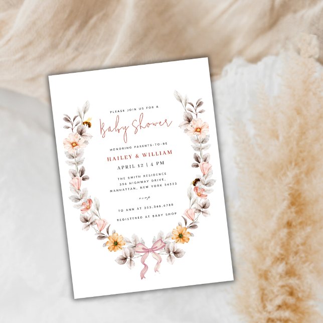 Convite Elegante Boho Wildflower Wreath Chá de fraldas (Elegant Boho Wildflower Wreath Baby Shower Invitation)