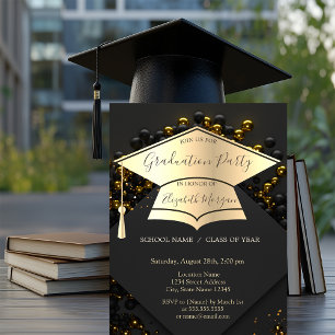 Convite Elegante Boina de Gradução Dourada, Balões Preto G