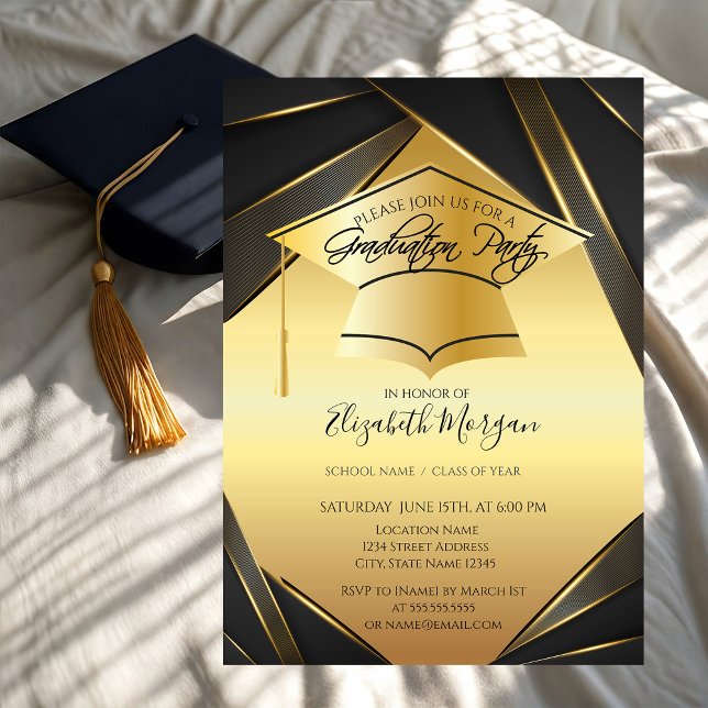 Convite Elegante Boina de Gradução Dourada Preta  (Criador carregado)