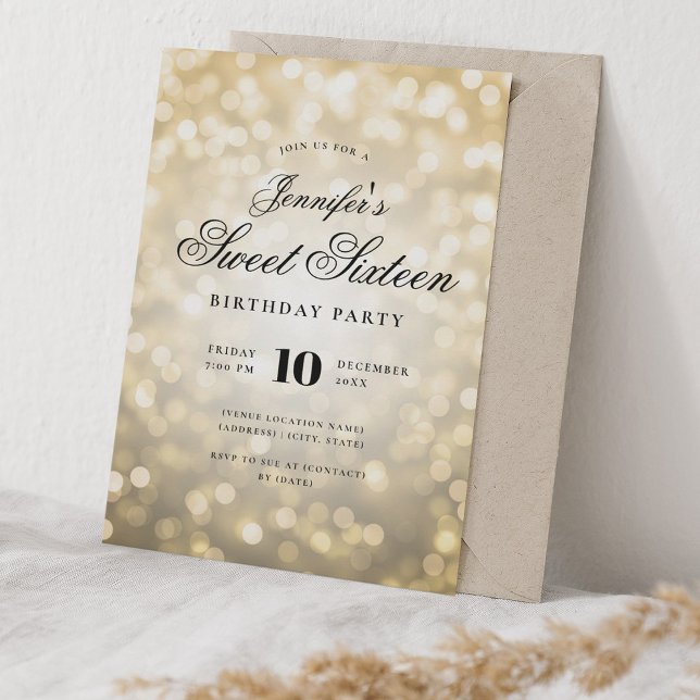 Convite Elegante Bokeh Lights Script Formal Sweet 16 Doura (Elegant Bokeh Lights Formal Script Sweet 16 Gold Invitation)