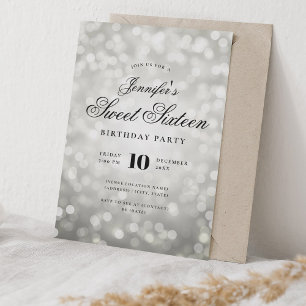 Convite Elegante Bokeh Lights Script Formal Sweet 16 Silve