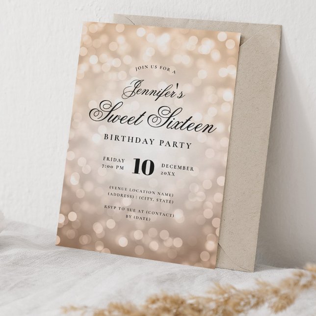 Convite Elegante Bokeh Lights Script Sweet 16 Rosa Dourado (Elegant Bokeh Lights Script Sweet 16 Rose Gold Invitation)