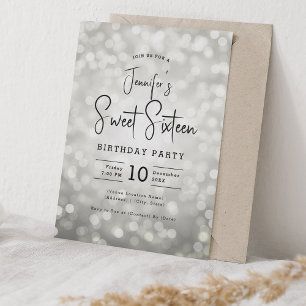 Convite Elegante Bokeh Luz moderna Script Sweet 16 Silver