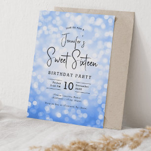 Convite Elegante Bokeh Modern Script Sweet 16 Marinho Blue