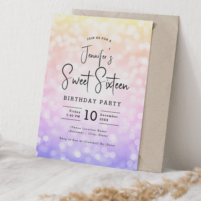 Convite Elegante Bokeh Modern Script Sweet 16 Ombre Rainbo (Elegant Bokeh Modern Script Sweet 16 Ombre Rainbow Invitation)