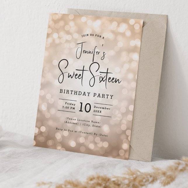 Convite Elegante Bokeh Modern Script Sweet 16 Rosa Dourado (Elegant Bokeh Modern Script Sweet 16 Rose Gold Invitation)