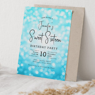 Convite Elegante Bokeh Modern Script Sweet 16 Turquoise