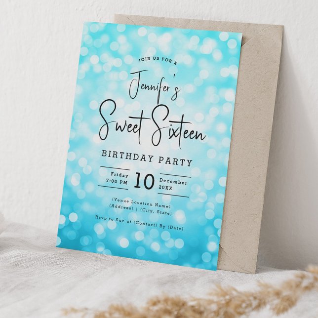 Convite Elegante Bokeh Modern Script Sweet 16 Turquoise (Elegant Bokeh Modern Script Sweet 16 Turquoise Invitation)