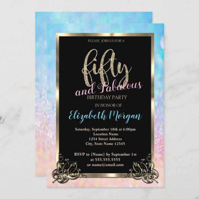 Convite Elegante Bokeh Ombre Dourada Frame 50ª Festa de an (Frente/Verso)