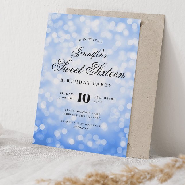 Convite Elegante Bokeh Script Sweet 16 Party Marinho Blue (Elegant Bokeh Script Sweet 16 Party Navy Blue Invitation)