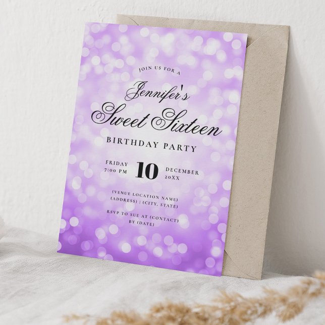 Convite Elegante Bokeh Script Sweet 16 Party Purple (Elegant Bokeh Script Sweet 16 Party Purple Invitation)