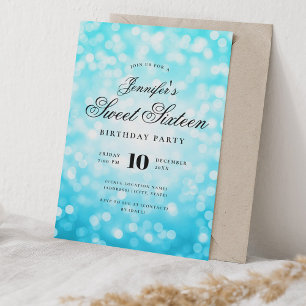 Convite Elegante Bokeh Script Sweet 16 Party Turquoise