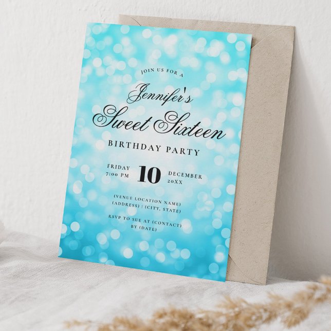 Convite Elegante Bokeh Script Sweet 16 Party Turquoise (Elegant Bokeh Script Sweet 16 Party Turquoise Invitation)