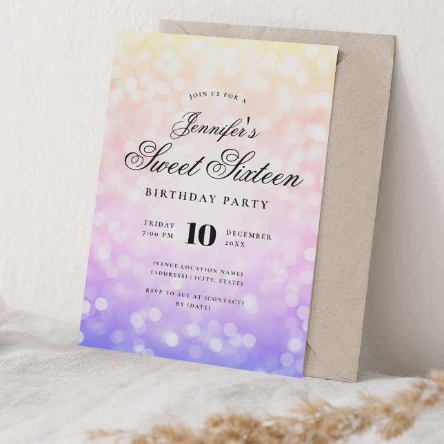 Convite Elegante Bokeh Script Sweet 16 Rainbow Ombre (Elegant Bokeh Script Sweet 16 Rainbow Ombre Invitation)