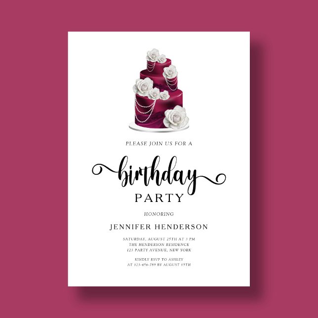 Convite Elegante Bolo Floral Borgonha Festa de Aniversário (Elegant Burgundy Floral Cake Birthday Party Invitation)
