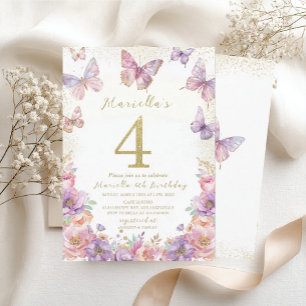 Convite Elegante Borboleta de Aniversário de 4 Anos Menina