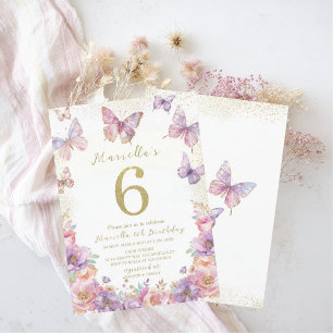 Convite Elegante Borboleta de Aniversário de 6 Anos Menina