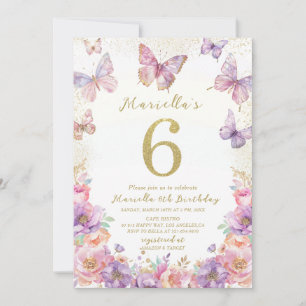 Convite Elegante Borboleta de Aniversário de 6 Anos Menina