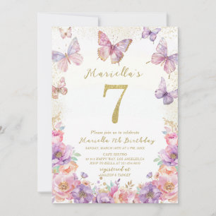 Convite Elegante Borboleta de Aniversário de 7 Anos Aguare
