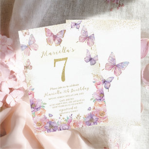 Convite Elegante Borboleta de Aniversário de 7 Anos em Aqu