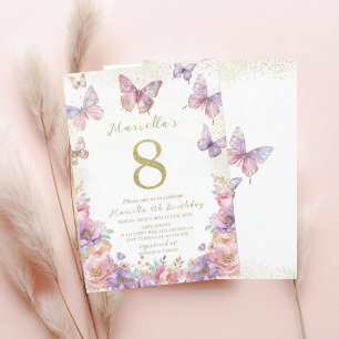 Convite Elegante Borboleta de Aniversário de 8 Anos Menina