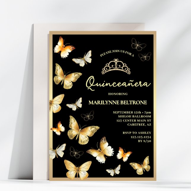 Convite Elegante Borboleta Dourada Negra Quinceañera (Criador carregado)