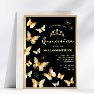 Convite Elegante Borboleta Dourada Preta Quinceañera