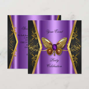 Convite Elegante Borboleta Roxa Dourada para Qualquer Fest