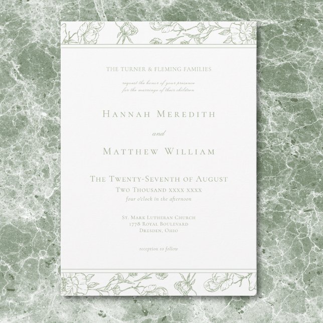 Convite Elegante Borda de Crista de Pássaro com Chinoiseri (Elegant Sage Chinoiserie Bird Crest Border Wedding Invitation)
