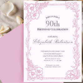 Convite Elegante Borda Floral Rosa Aniversário de 90 anos