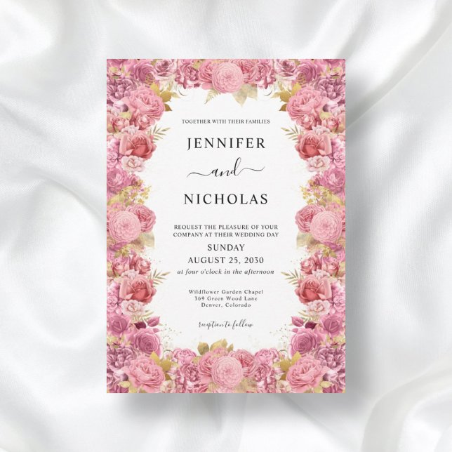 Convite Elegante Borda Floral Rosa Casamento Boho (Criador carregado)
