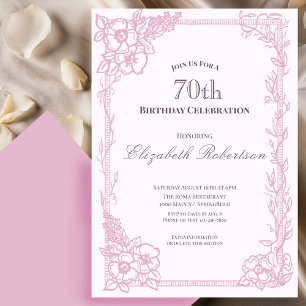 Convite Elegante Borda Floral Rosa para Aniversário de 70