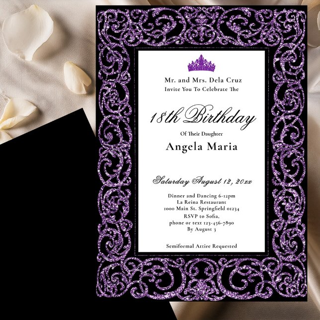 Convite Elegante Borda Roxa 18º Aniversário Debut (Criador carregado)