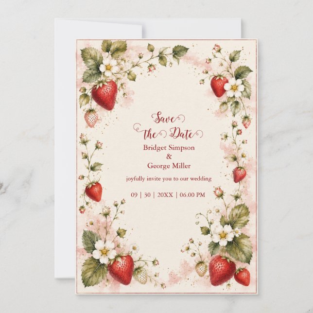 Convite Elegante bordadura floral de casamento com morango (Frente)