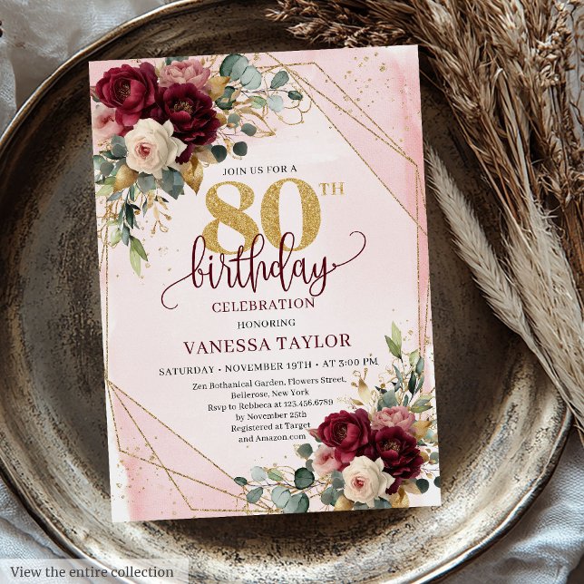 Convite Elegante Borgonha Branca, Rosas Dourados, 80 Anive (Elegant Burgundy White Gold Roses 80th Birthday Invitation)