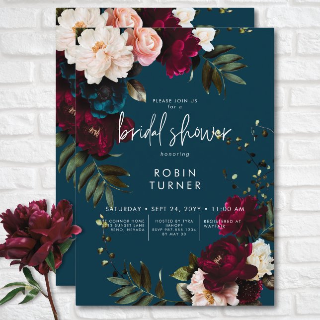 Convite Elegante Borgonha e Chá de panela Floral Azul (Elegant Burgundy & Blue Floral Bridal Shower Invitation)