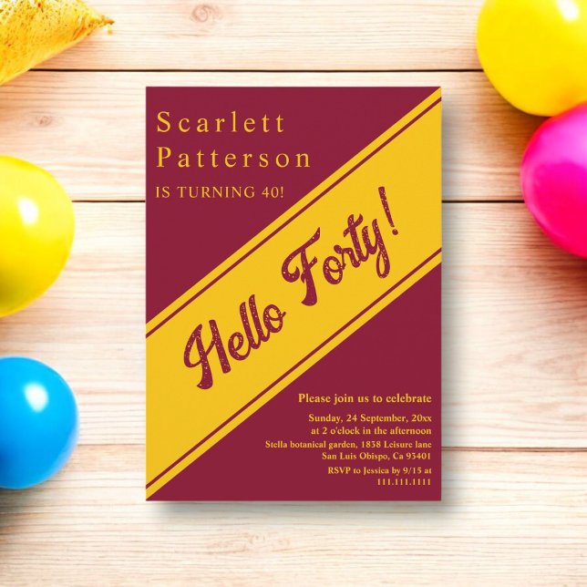 Convite Elegante Borgonha E Dourada aniversário de 40 anos (Criador carregado)