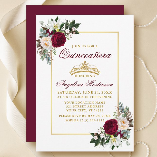 Convite Elegante Borgonha Floral Verde Quinceanera Dourada (Customize to change text color, style, add text & photos to back or change color of back of card.)