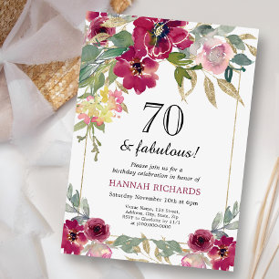 Convite Elegante Borgonha Rosa Dourada, 70 Floral, Anivers