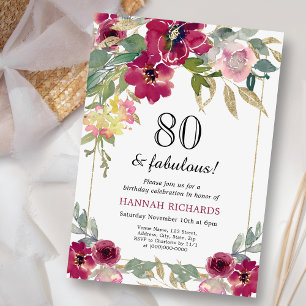 Convite Elegante Borgonha Rosa Dourada, 80 Floral, Anivers
