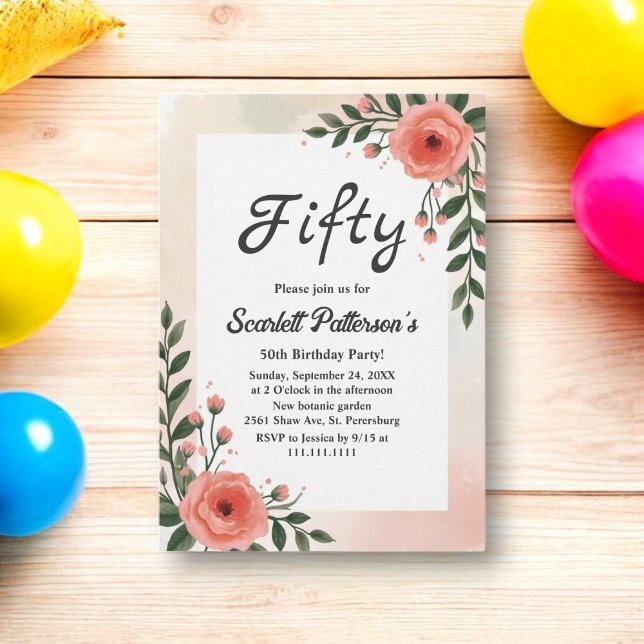 Convite Elegante Botânica Watercolor Floral 50º Aniversári (Criador carregado)