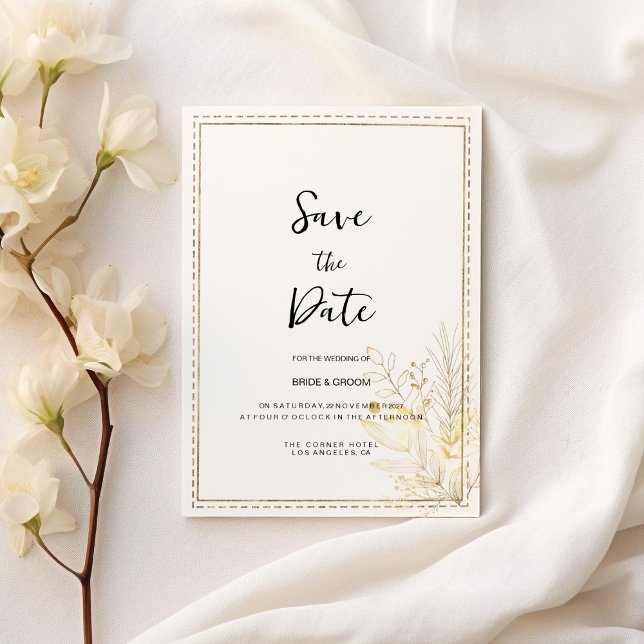 Convite Elegante botânico branco floral Salve a data (Elegant botanical white gold floral Save the Date)
